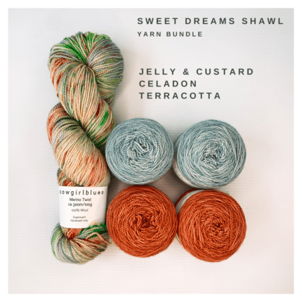 Olive, orchid blush and multicolored yarn in greens and purples, with the words Sweet Dreams Shawl yarn bundle, Jelly & Custard, Celadon, Terracotta.