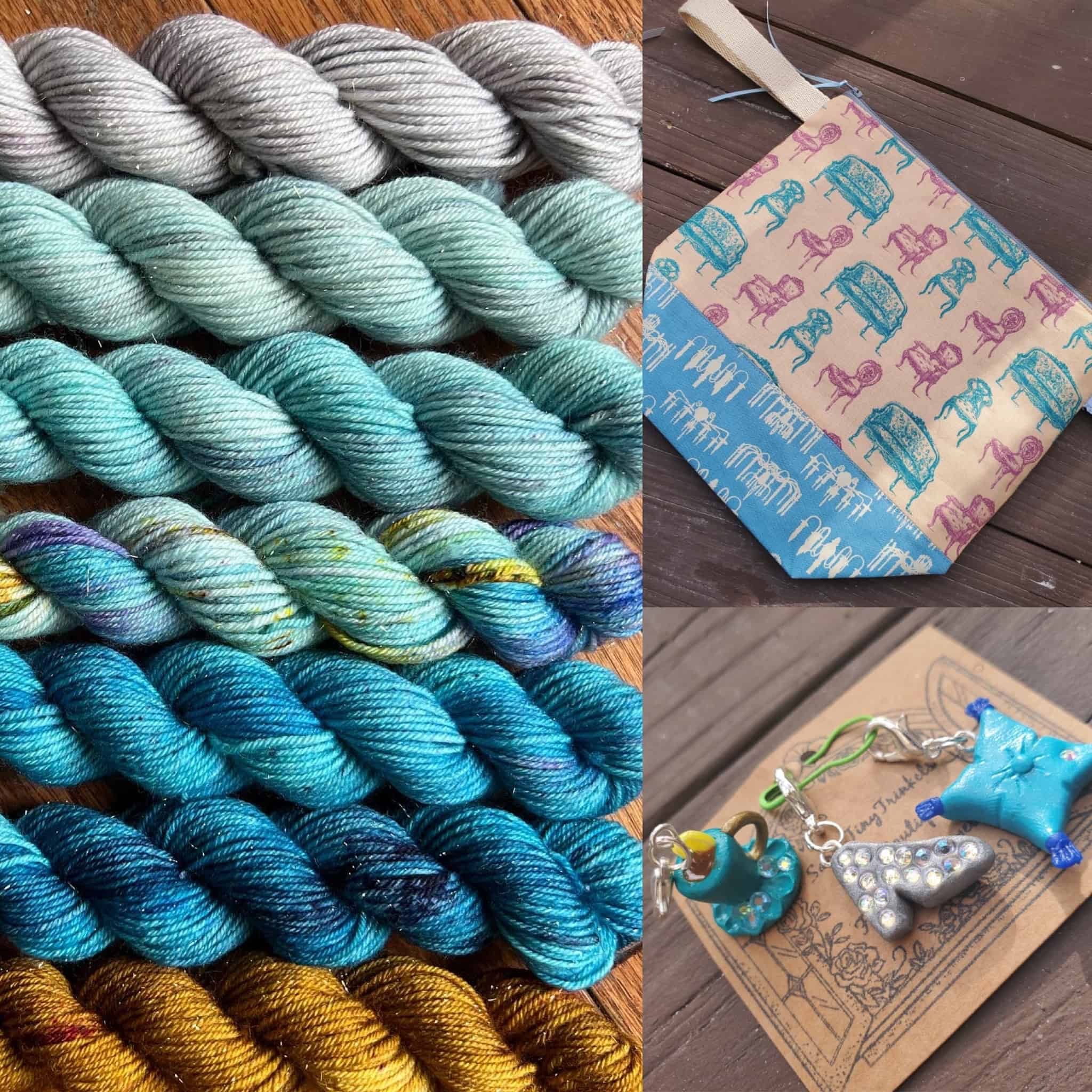 An image collage featuring seven mini skeins of yarn fading from light Tiffany blue to dark blue to bronze. A set of high-heel, pillow, and teacup charms and a Victorian armchair and chandelier project bag.