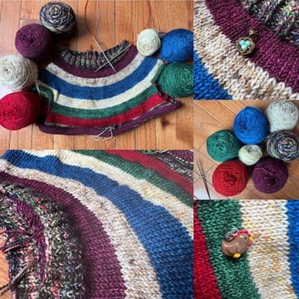 A collage of photos of a striped sweater with red, green, blue, berry and nude colors on the needles.