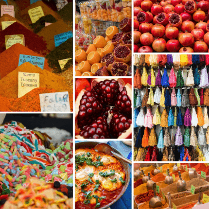 Spices, food, fruits, and colourful tassels from middle-eastern markets.