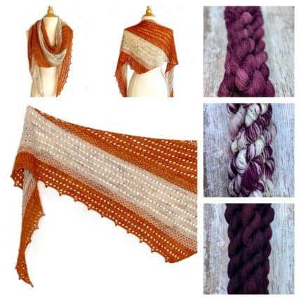 Orange and cream striped shawl with yarn in shades of purple and plum.
