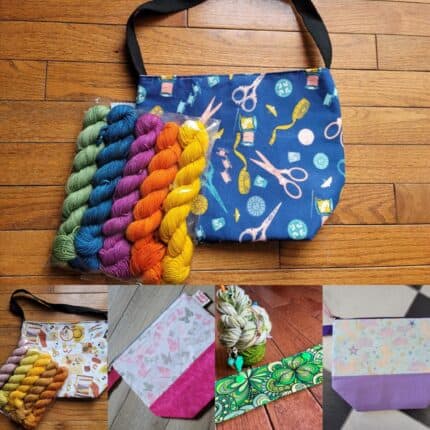 Various project bags with maker notions, diverse colored hands, butterflies and unicorns on them. A package of yarn minis in blues, green, orange and yellows.
