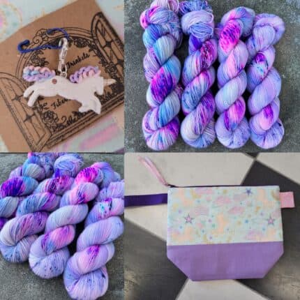 Pastel neon purple skeins of yarn with bright neon purple,blue and pink speckles. A unicorn stitch marker and a unicorn project bag.