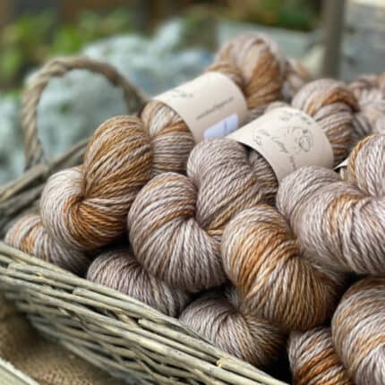 Skeins of thick variegated brown and gray yarn.