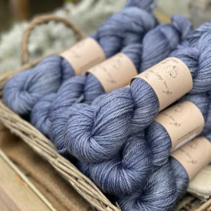 Skeins of thick blue yarn.