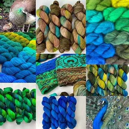 A collage of brightly coloured peacock themed yarns with blues, greens, and yellows.