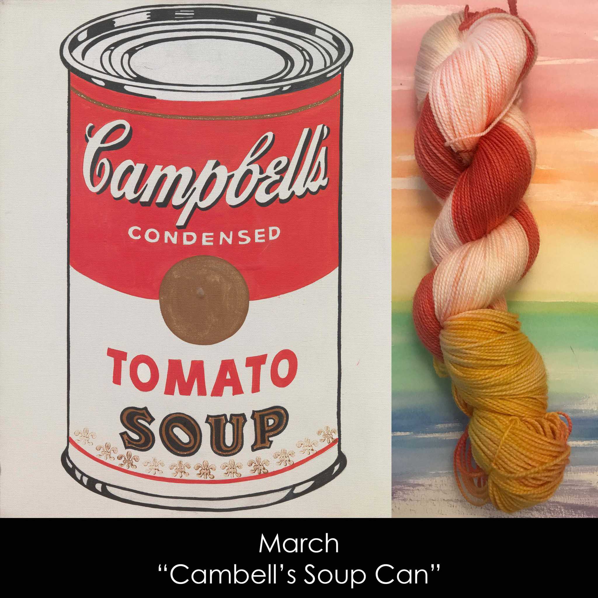 An artwork featuring a red and white soup can, next to a skein of yarn that features areas of red, white and gold.