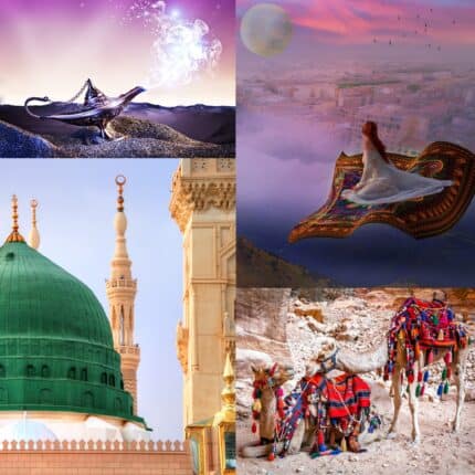 A genie bottle, a magic carpet with a young woman riding atop, a green building in Arabia and colorfully adorned camels carrying cargo.