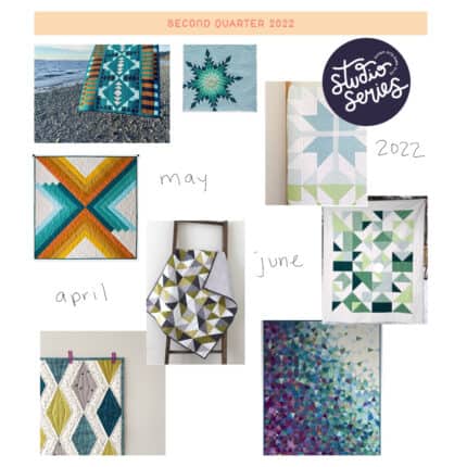 A collage of eight geometric quilts in shades of teal, blue, gold, green, gray and purple, labeled with the text Queen City Yarn Club Studio Series, April, May and June 2022.