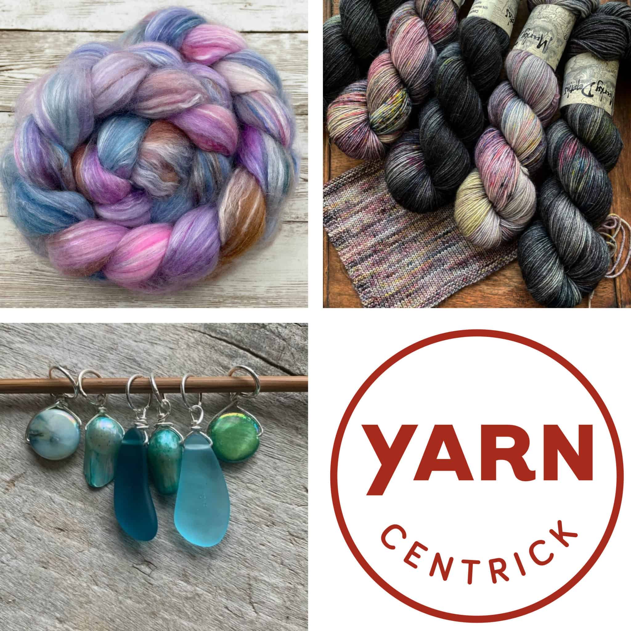 Purple and blue fiber, pink, black and gray yarn, blue and green stitch markers and the Yarn Centrick logo.