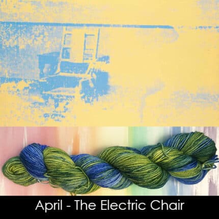 A screenprinted blue and yellow artwork featuring an electric chair paired with a yellow, blue and green skein of yarn.