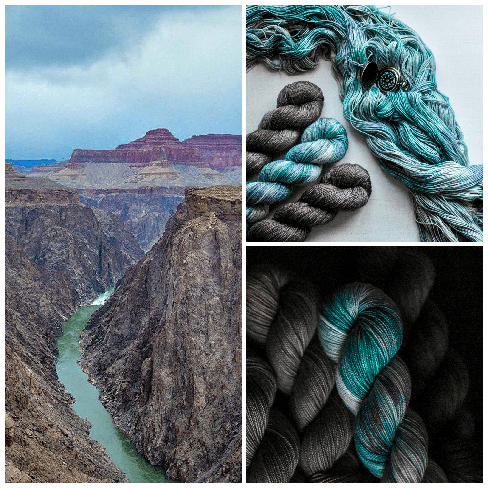 The Grand Canyon with gray, aqua and red, with yarn in aqua and gray.