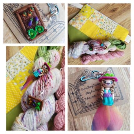A garden fairy charm with matching green and speckled yarn and a yellow project bag.