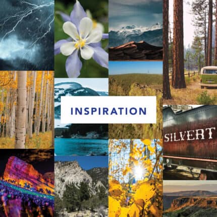 A collage of landscape photos with the word Inspiration overlaid on top.