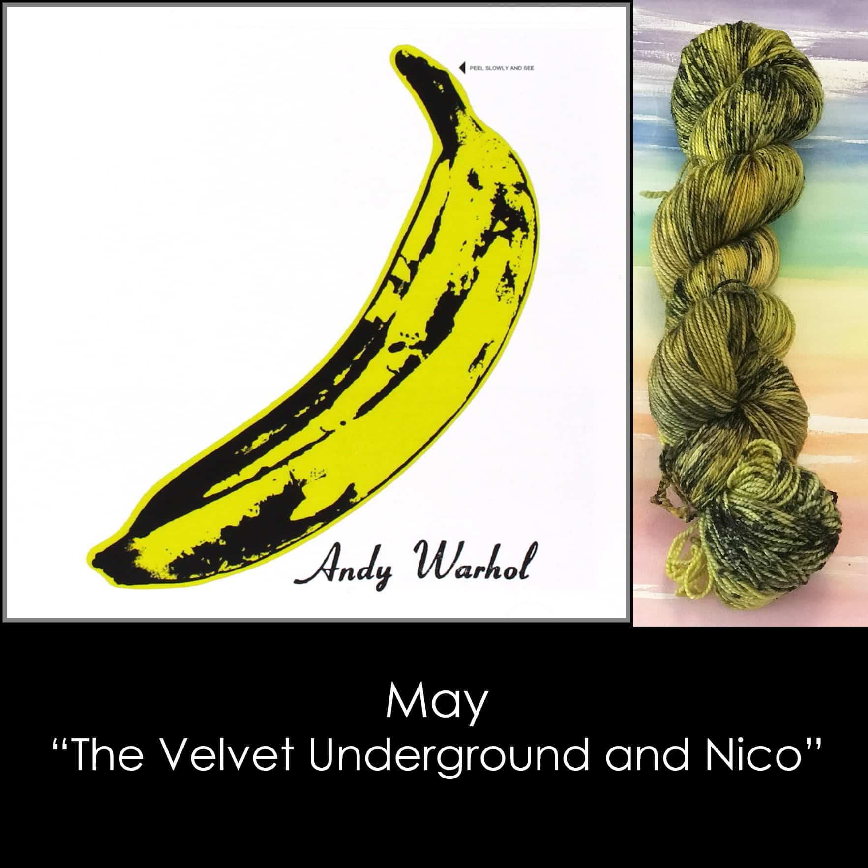 An album cover featuring a yellow and black banana and the text Andy Warhol, next to a yellow skein of yarn with black speckles.