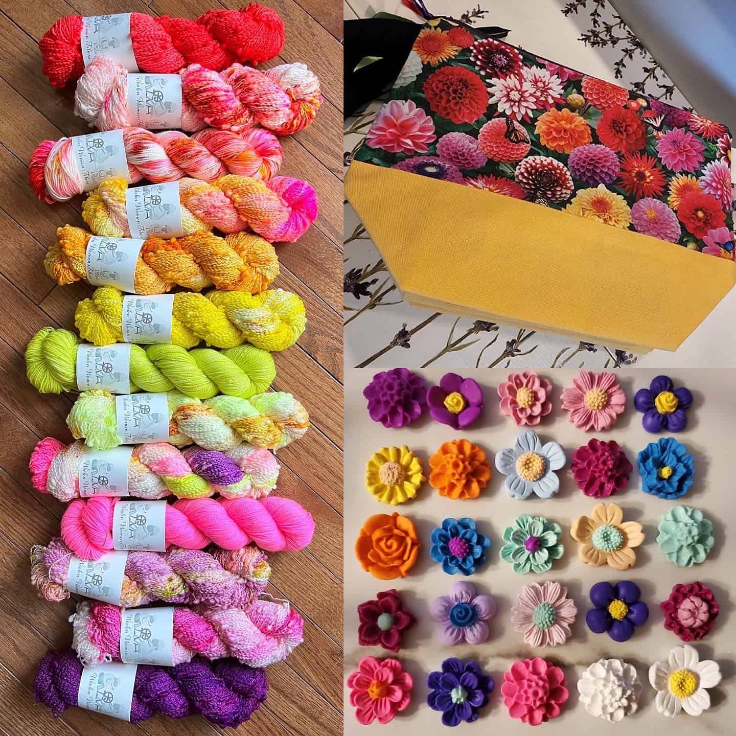 Skeins of brightly colored yellow, purple, pink and orange yarns. A flower patterned project bag and varying brightly colored flower charms.