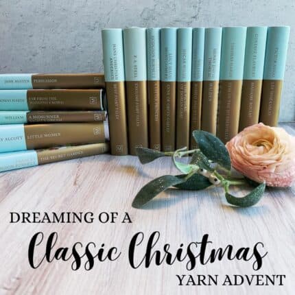 Blue and gold books, a pink flower and the text Dreaming of a classic Christmas yarn advent.
