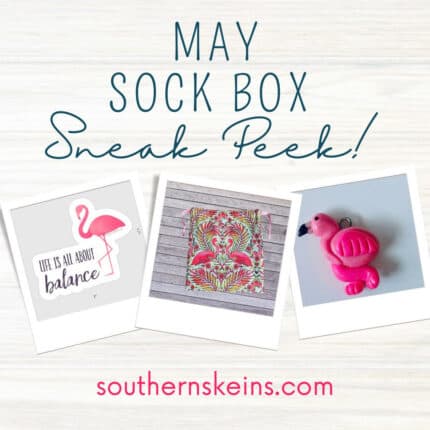 A flamingo sticker, bag and stitch marker and the text May sock box sneak peek!