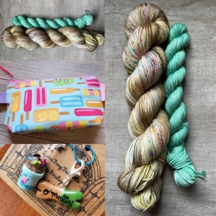 A sock set in a chocolate ice cream color with colored speckles and a mint green mini, a popsicle project bag, and a sundae charm with a bone charm with the name O’mally printed on it.