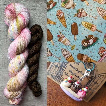 A soft serve strawberry colored skein with bright speckles and a brown mini, a vintage creamery fabric and a banana split charm.
