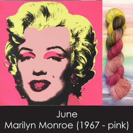 A skein of pink and yellow yarn next to an image of Marilyn Monroe in the same colors.