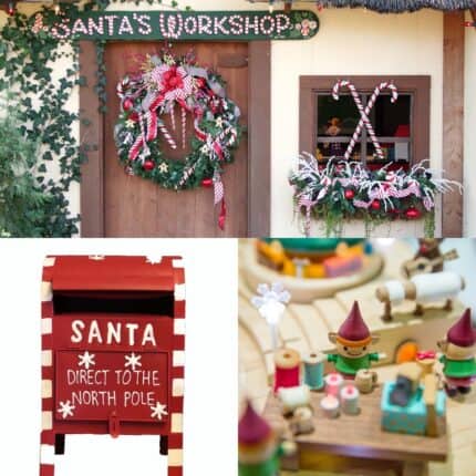 A collage of the north pole decorated door of Santa’s workshop, toys and a mailbox to mail letters to santa.