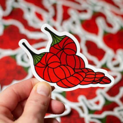 A sticker with two red chili peppers made of twisted yarn skeins.