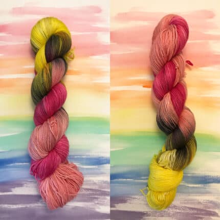 A skein of pink and yellow yarn, wound two different ways to show the colors.