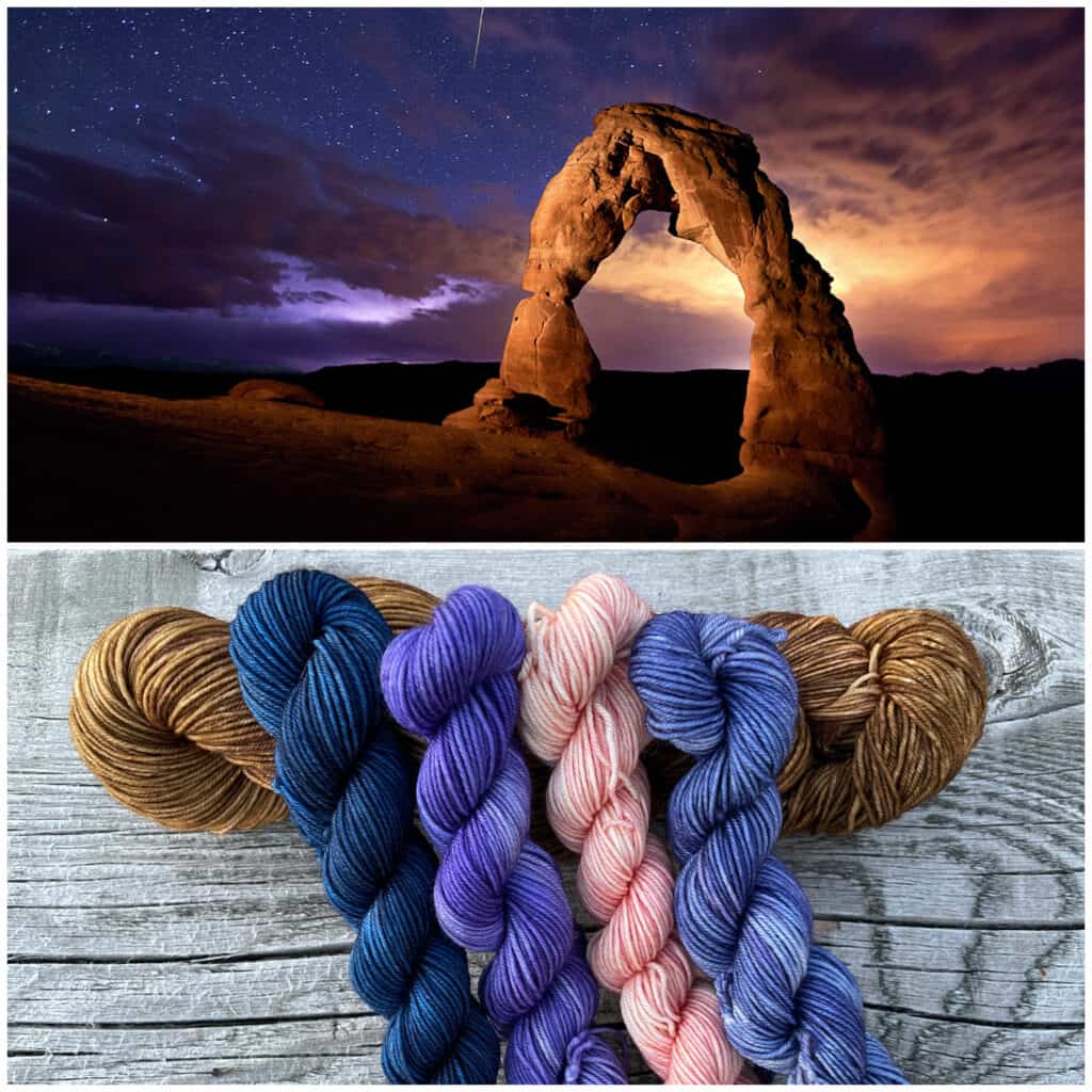 Arches National Park under a starry sky and a set of blue, purple and pink mini skeins above a brown full skein of yarn.