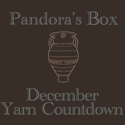 A greek vase drawing with the words Pandora's Box December Yarn Countdown around it.