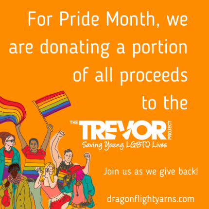 The Trevor Project logo with white text on an orange background that reads For Pride Month, we are donating a portion of all proceeds to the Trevor Project. Join us as we give back!