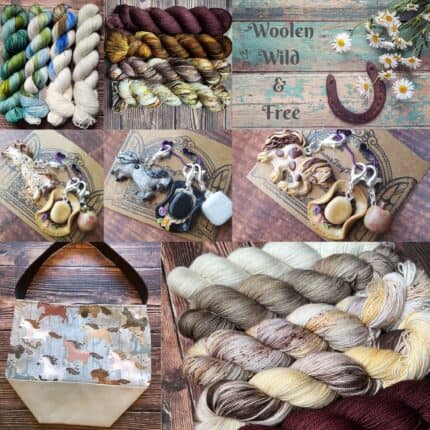 Skeins of various speckled, variegated and tonal browns, worn leather,grey and tan colors. A sign that says “woolen wild and free. A project bag with various horses on the fabric and various horse charms with sugar cube, cowgirl hat and apple accessories to match.