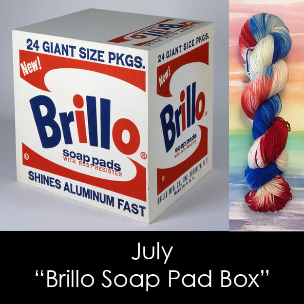 A red, white and blue box of Brillo with a red, white and blue skein of yarn.