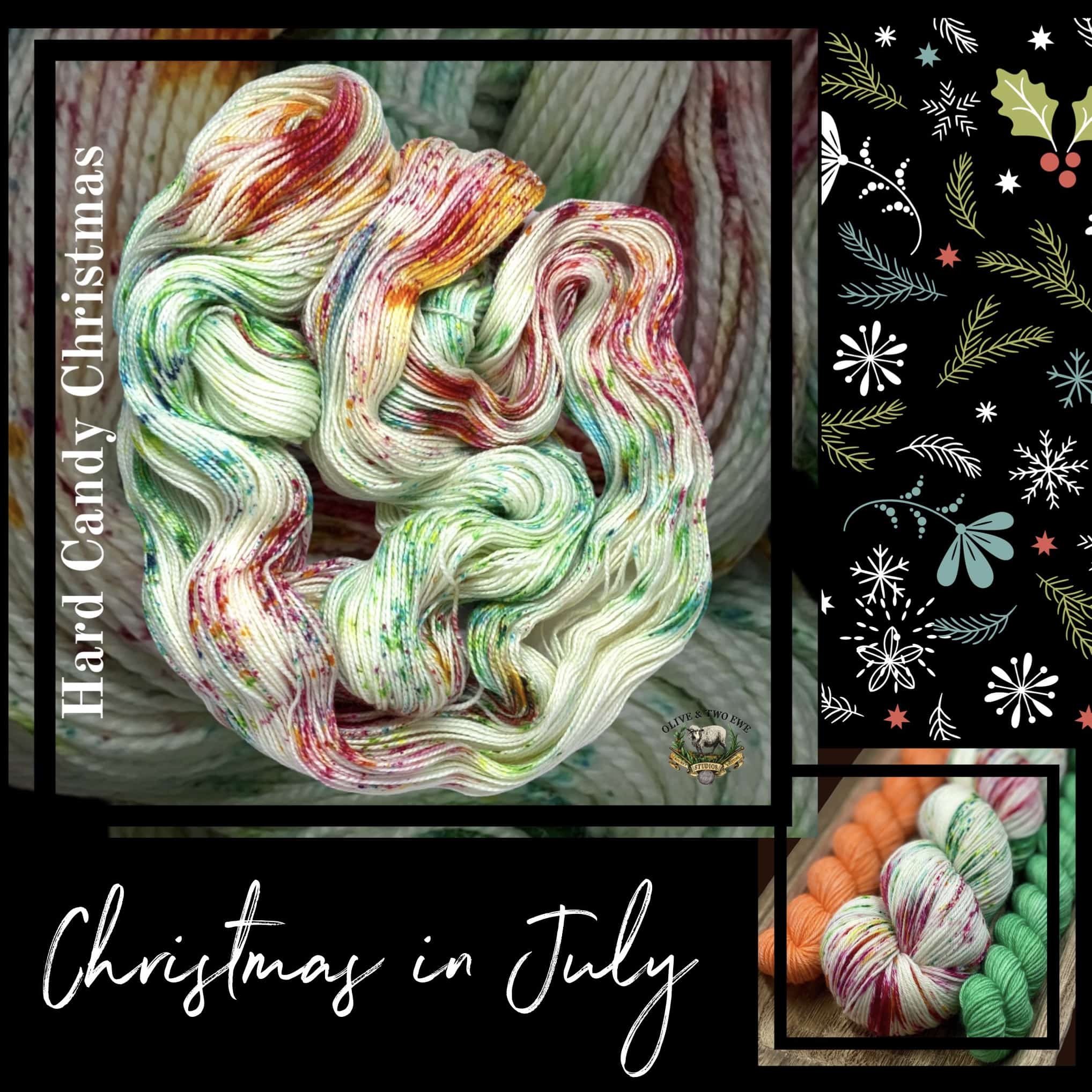 A skein of red and green speckled yarn unfurled and the same skein twisted with orange and green minis. The text Hard Candy Christmas and Christmas in July.