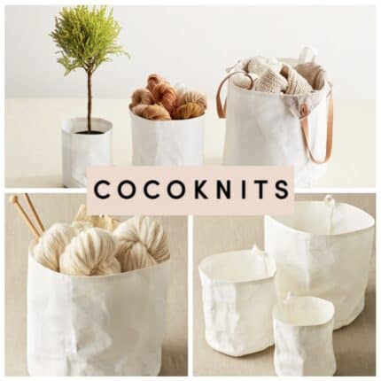 Multiple white paper bins and the text Cocoknits.