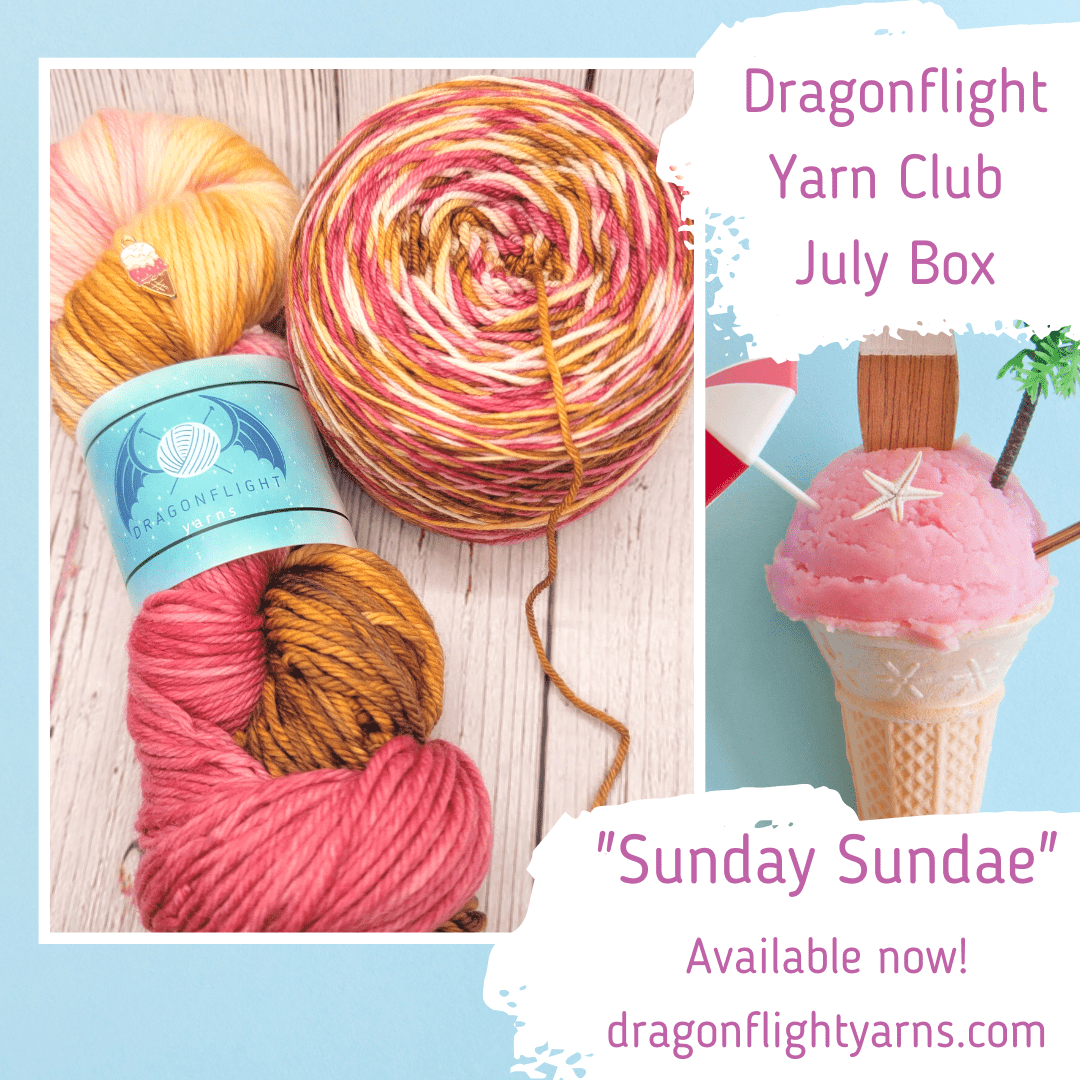 A skein of pink, white, and brown yarn and a pink ice cream cone. The text Dragonflight yarn club June box, Sunday Sundae.