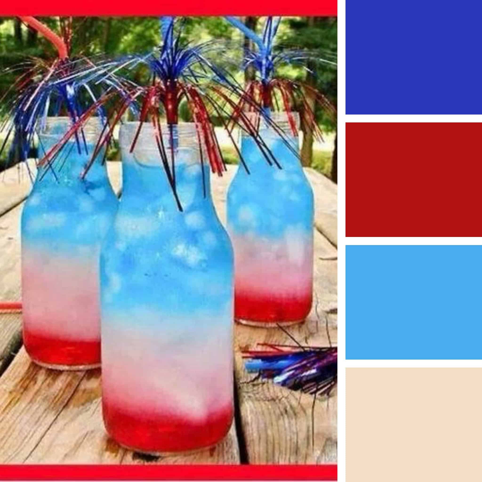 A photo of three drinks in red, white and blue, with coordinating color squares going down the right side of the image.
