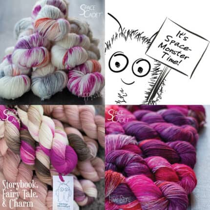 A collage of three piles of bulky yarn in blushes, pinks, and browns, and an image of a fluffy spacemonster holding a sign that says "It's SpaceMonster Time!"