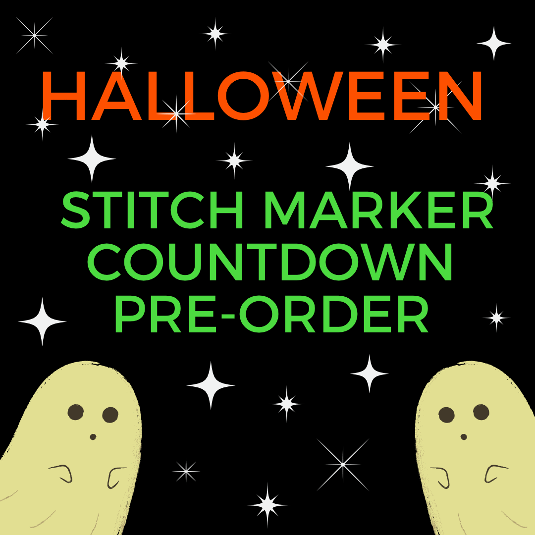 An illustration of two ghosts and the text Halloween Stitch Marker Countdown Preorder.