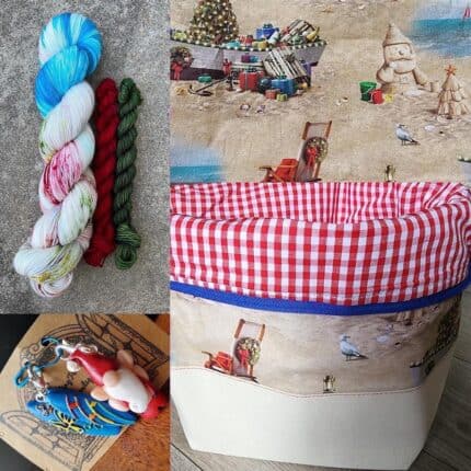 A Santa on the beach project bag with red gingham inside, a surfing Santa charm complete with surf board and an ocean blue tipped skein with Christmas red and green speckles and minis.