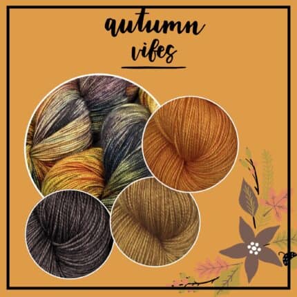 A circle filled with yarn in fall colors with circles of brown, orange and copper yarn and the text Autumn vibes.