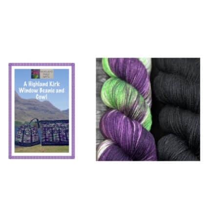 Picture of a cowl and hat alongside a picture of purple and green variegated yarn and black yarn.