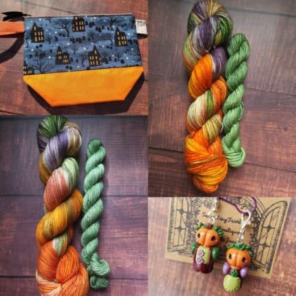 Pumpkin eater sock set with pumpkin orange, eggplant and plant greens. A charm set of two pumpkin eater people in like colors and a house on the hill themed spooky sock sack in orange and black.