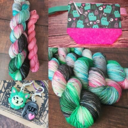 Brain eating Llombie sock set with bright zombie greens, black,greys and pops of pink. A zombie llama project bag and charm set in like colors.