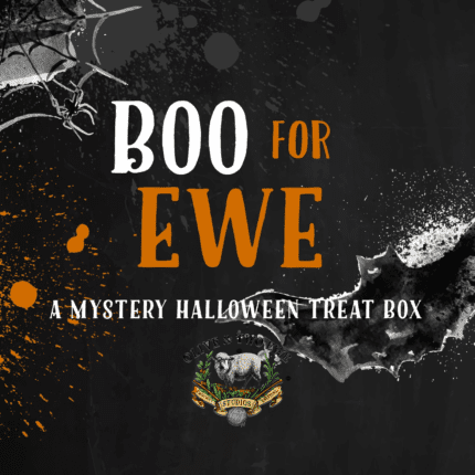 Black with orange spotches and the words Boo for Ewe Halloween Mystery Treat Box.