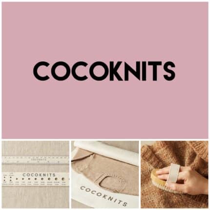 A pink square with the words CocoKnits with a picture of a towel, a brush, and a ruler.