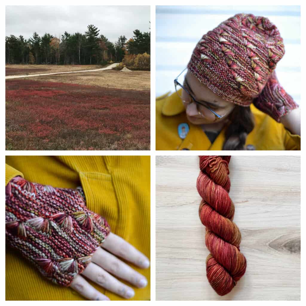 A field of crimson blueberry bushes, a red and green hat and fingerless mitts with fanlike stitches and a skein of red and green yarn.