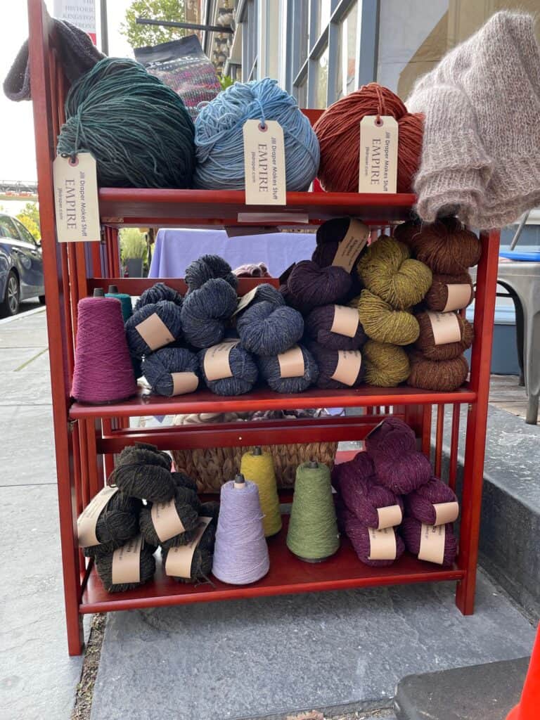 Shelves of rustic yarn.