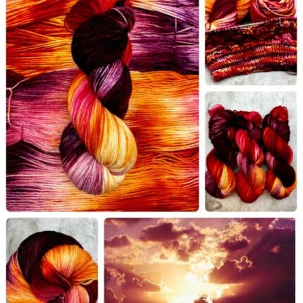 A collage of a red, yellow, orange, purple, and plum yarn, done with a sunrise theme, in various yarn weights, as well as a knit sample and a photo of a sunrise inspiration photo.