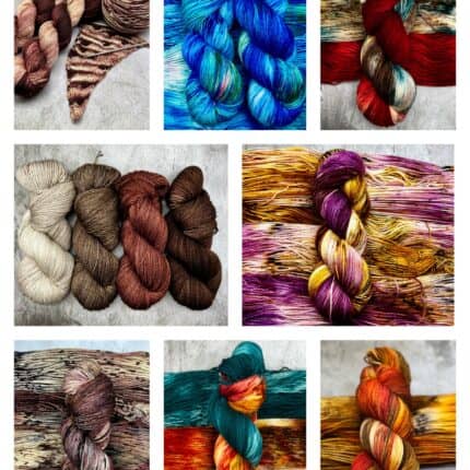 A collage of eight different fingering Sock weight yarns, in various colors.